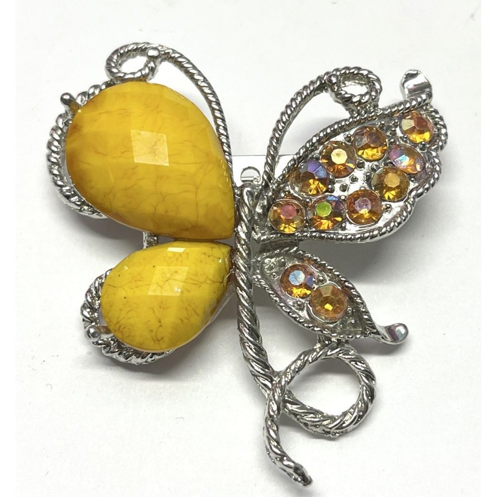 Vintage Yellow Rhinestone Butterfly Brooch Pin